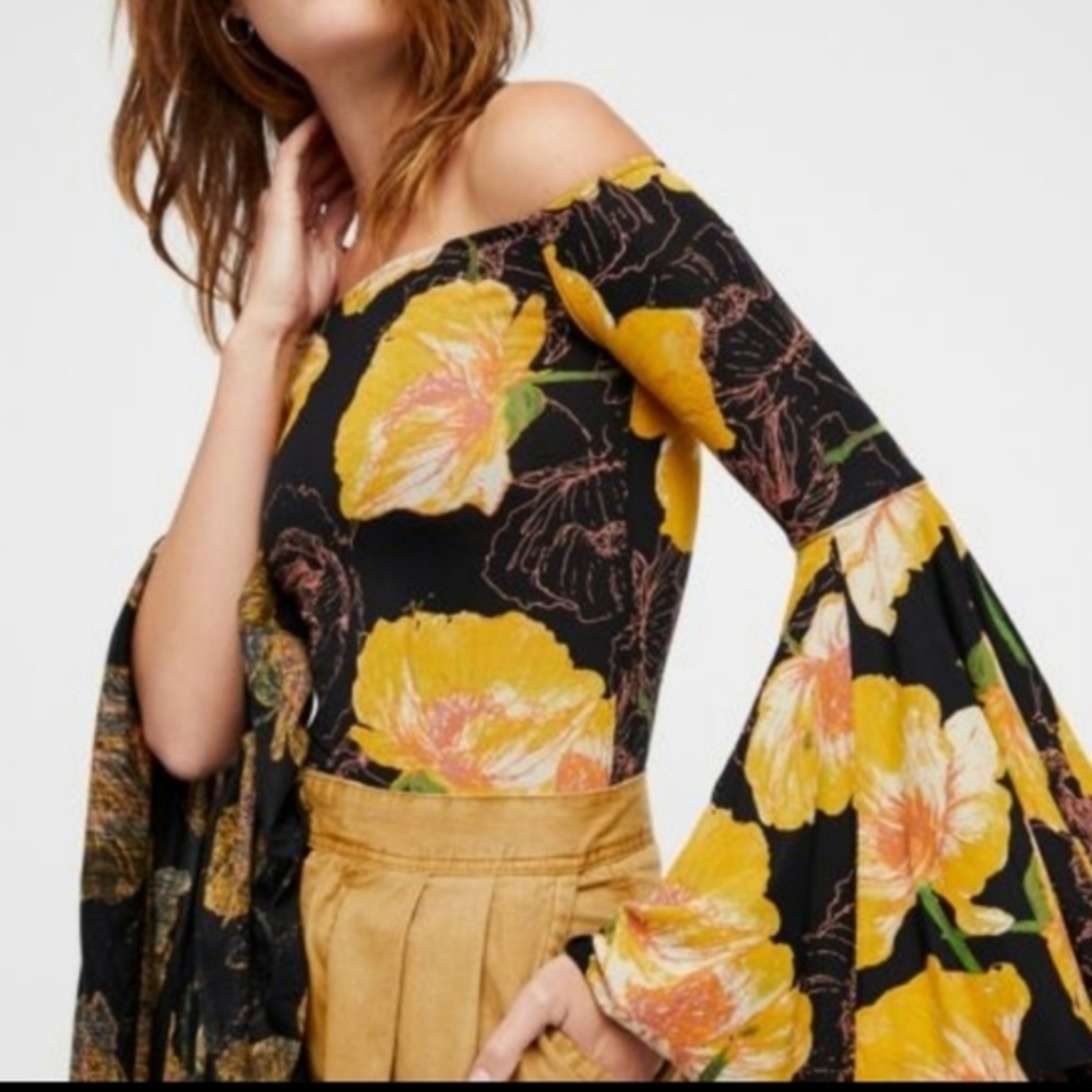Free People Off-Shoulder Floral Blouse - Black and Yellow